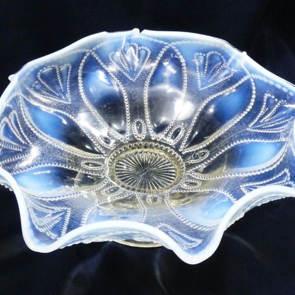 VTG White Opalescent Moonstone Glass Ruffled Rim footed Pedestal Candy Dish Bowl - Picture 7 of 8